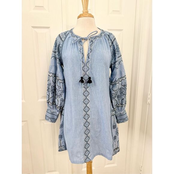 Rose And Rose Chambray Blue Embroidered Sequins Tassel Dress Small - Picture 1 of 6